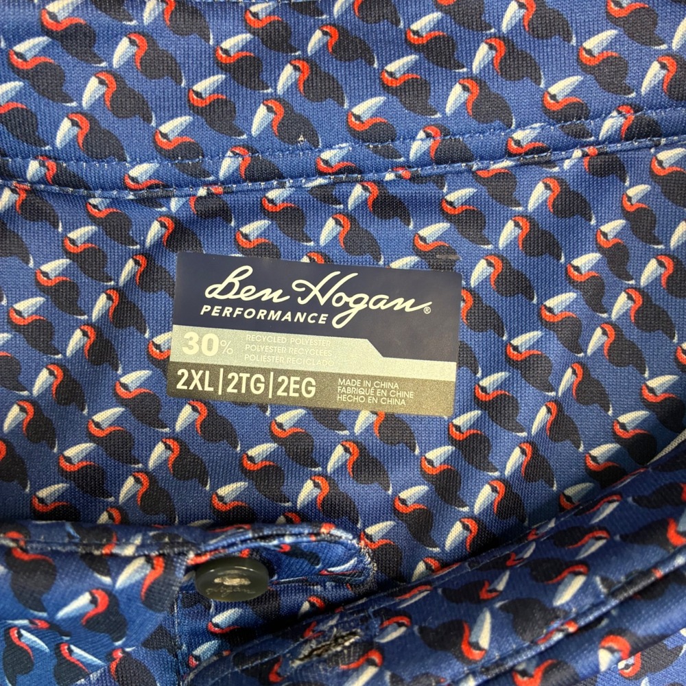Ben Hogan Polo Shirt Mens 2XL Navy Blue Toucan Print‎ Performance Golf Stretch - Picture 2 of 7